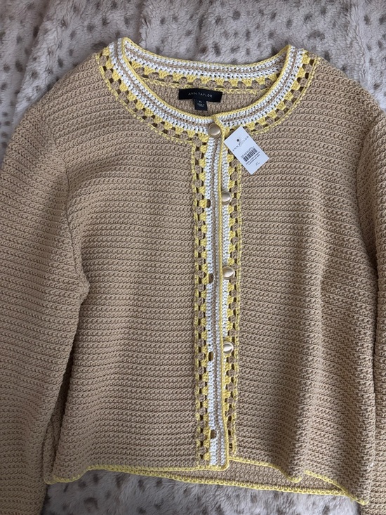 Ann Taylor Sweaters - Ann Taylor Beige Crocheted Trim Cardigan with White and Yellow Accents - NWT